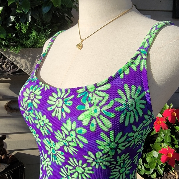 RAISINS ♡ Beautiful Vintage 1pc Purple 'n Green Floral Padded Bra Swimsuit M - Picture 4 of 17